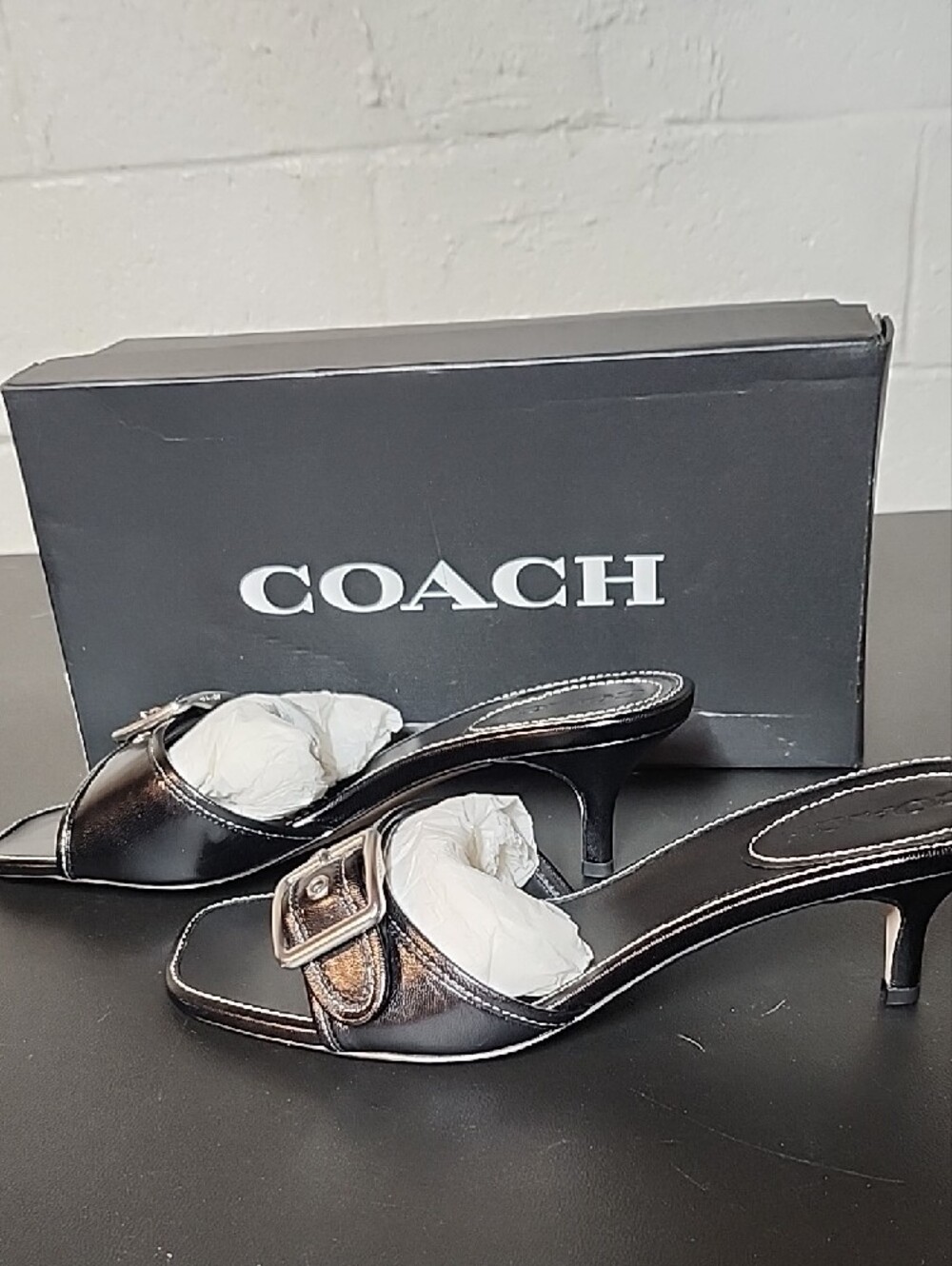 Coach Margo Black Leather Buckle Kitten-Heel Slides - Picture 4 of 10